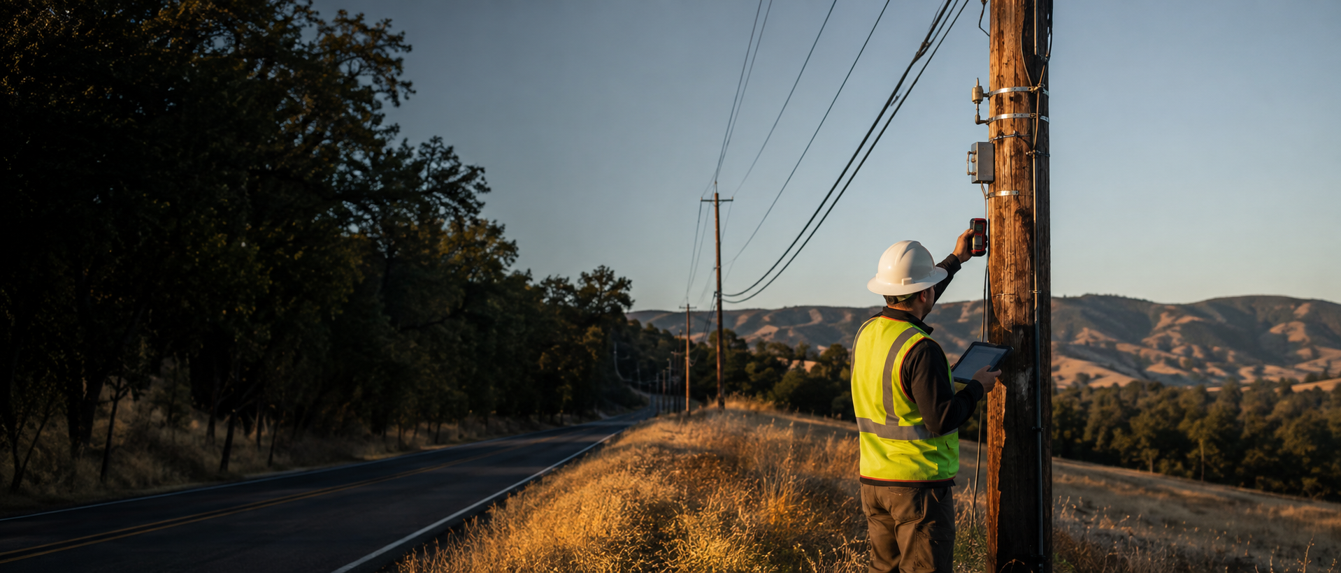 Utility field technician collecting pole data along a Northern California roadway